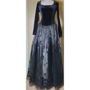 Vintage Scott Jessica Mcclintock NWT Long Sleeve Black Gown Dress Velvet Burnout